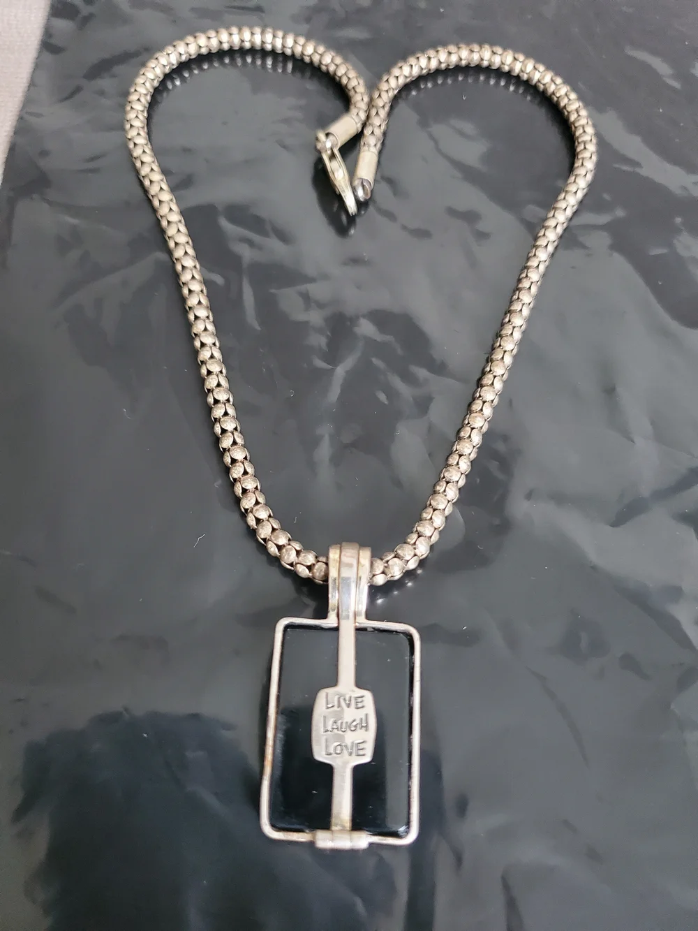 Vintage 925 'Live Laugh Love' Black Onyx Pendant Necklace 17